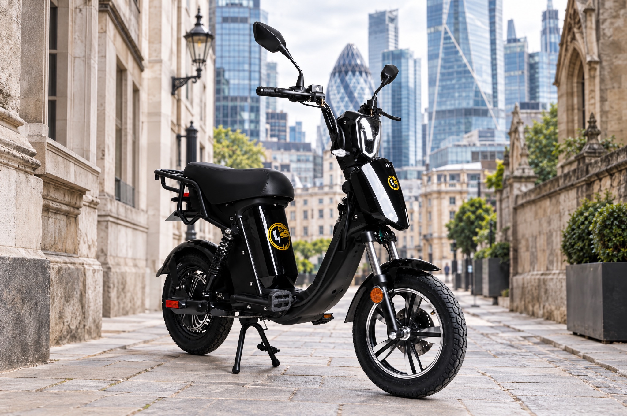 HawkTech e-bike in a stone lane in the City of London with glass towers behind