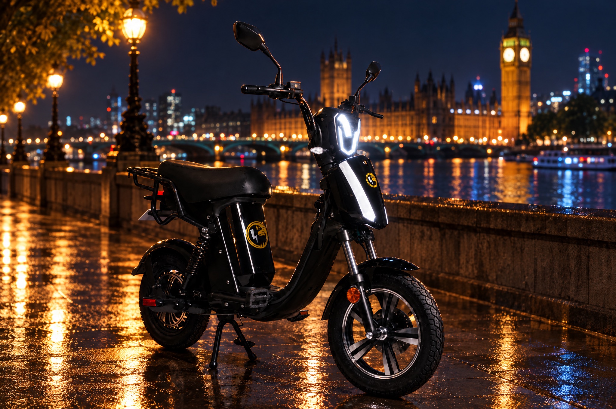 HawkTech e-bike with its headlight on by the Thames at night, Westminster lit behind