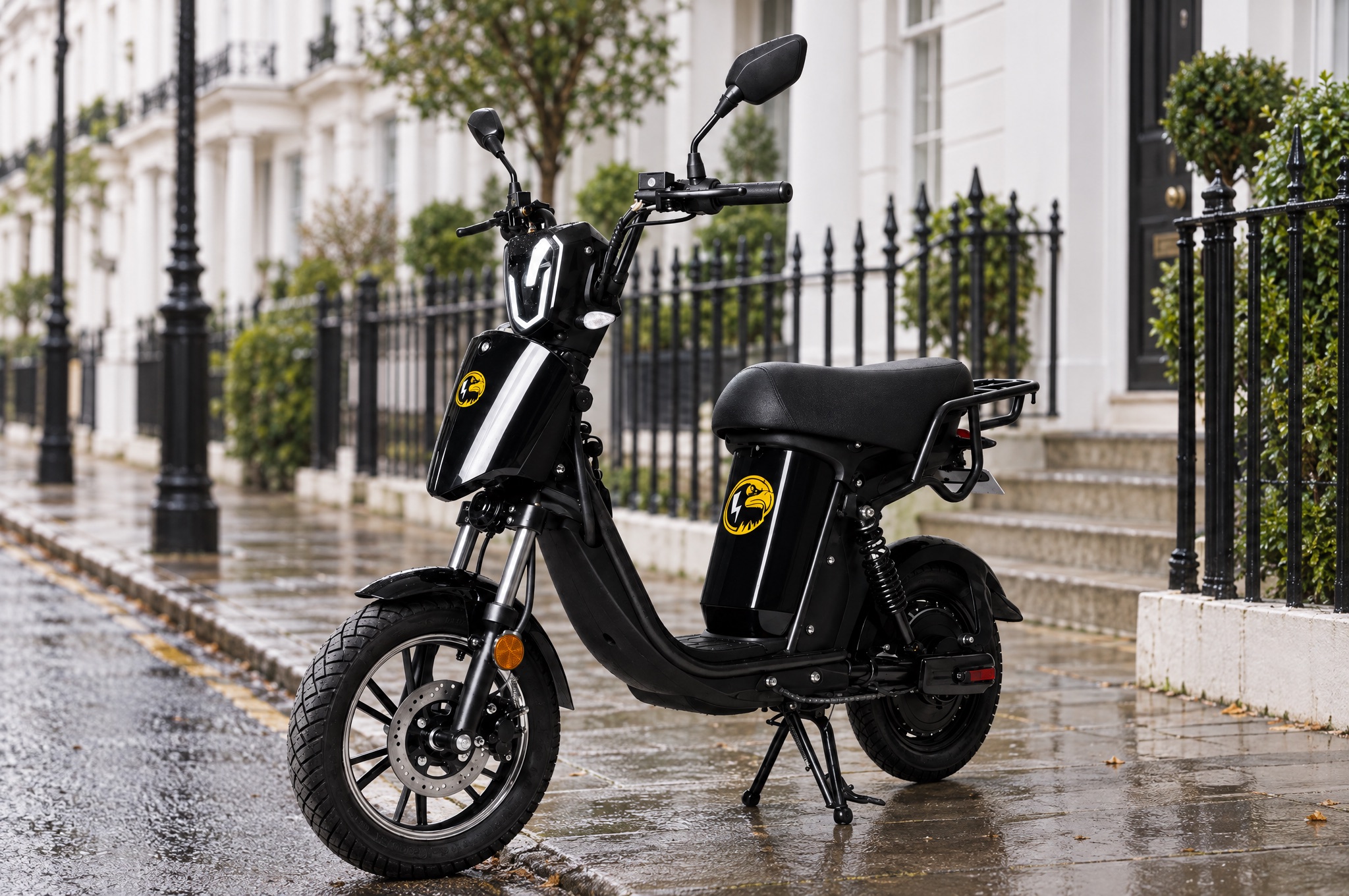 HawkTech e-bike parked on a street of white stucco terraces after rain