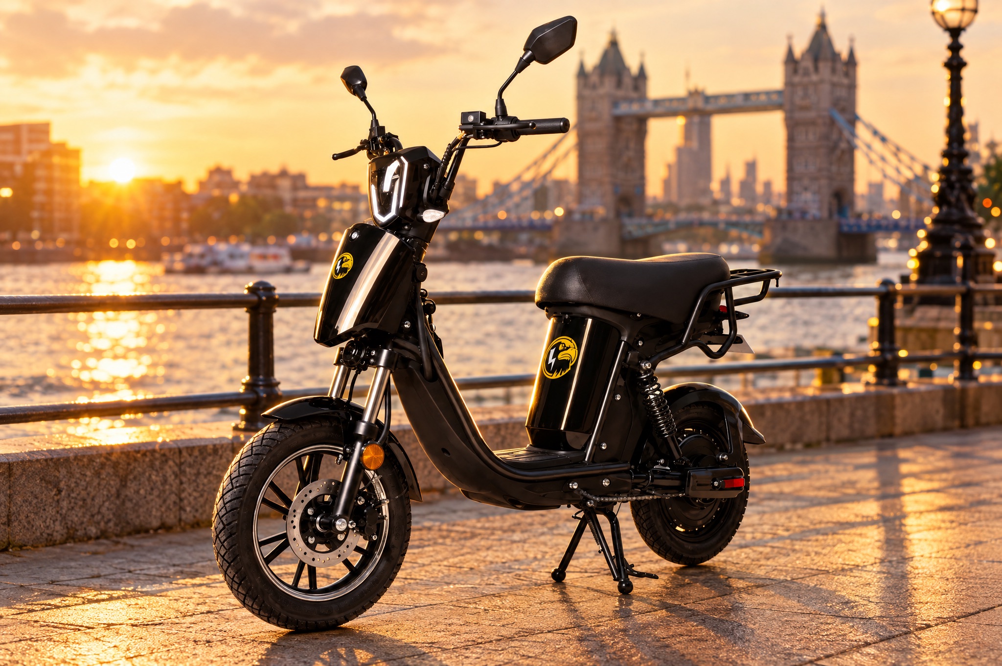 HawkTech e-bike on the Thames riverside at sunset with Tower Bridge behind