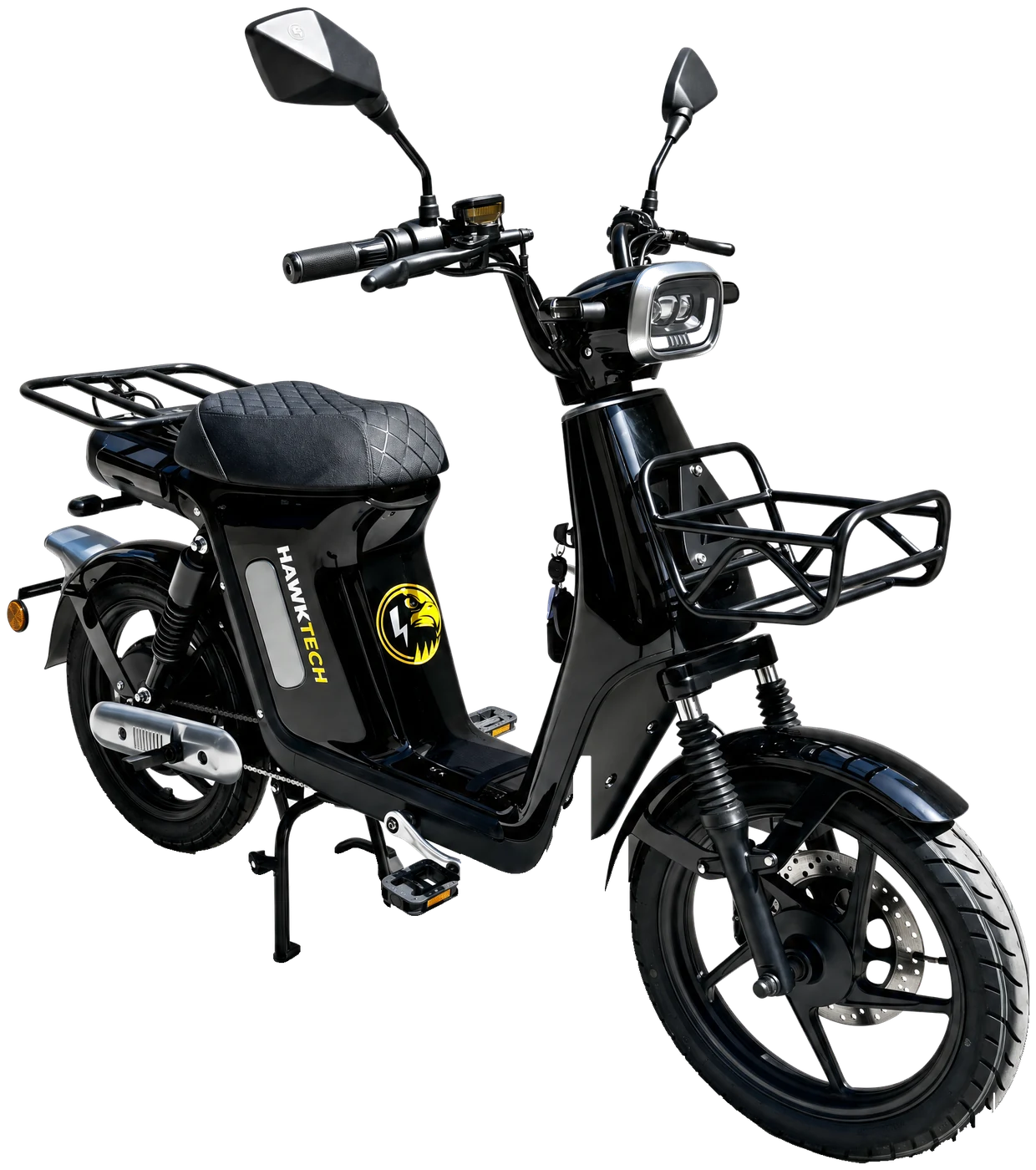 HawkTech e-bike in black with a front basket and a rear luggage rack