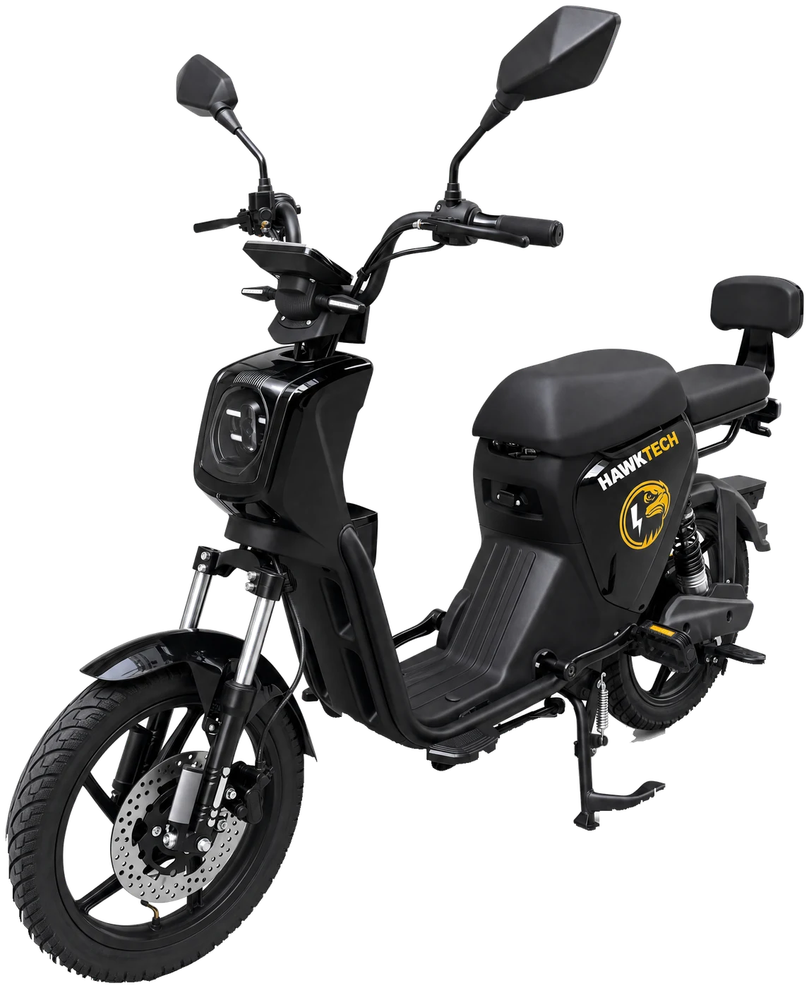 HawkTech e-bike in black with a long seat and a backrest